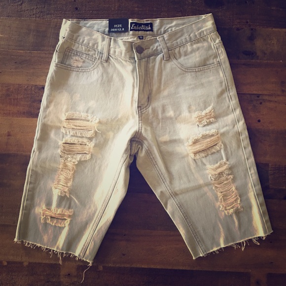 Mens distressed denim shorts